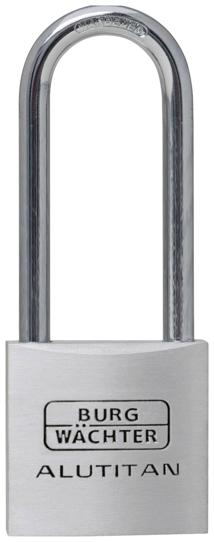 Un lucchetto d'argento con l'iscrizione 'Burg Wächter Alutitan'.