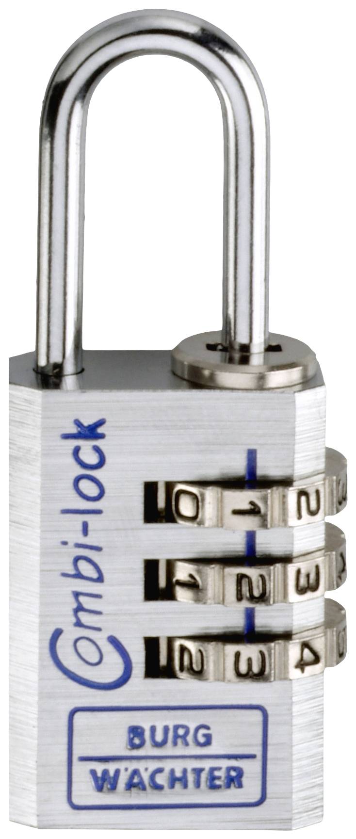 Lucchetto argentato con tre ruote numeriche rotanti. Testo 'Combi-Lock' e 'Burg Wächter' sul corpo del lucchetto.