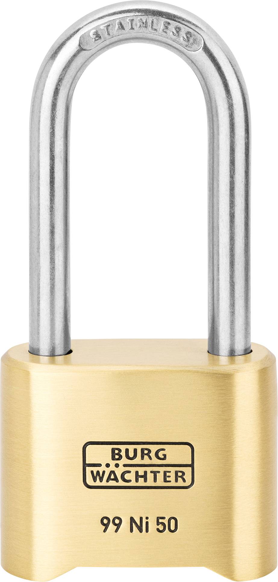 Un lucchetto della marca Burg Wächter con superficie in ottone e la scritta 'STAINLESS' sulla parte superiore della staffa.
