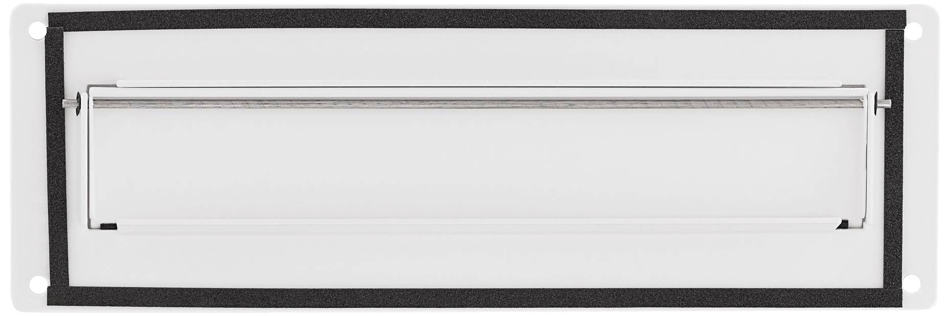 Cassetta delle lettere bianca rettangolare con cornice nera e fessura centrale argentata.