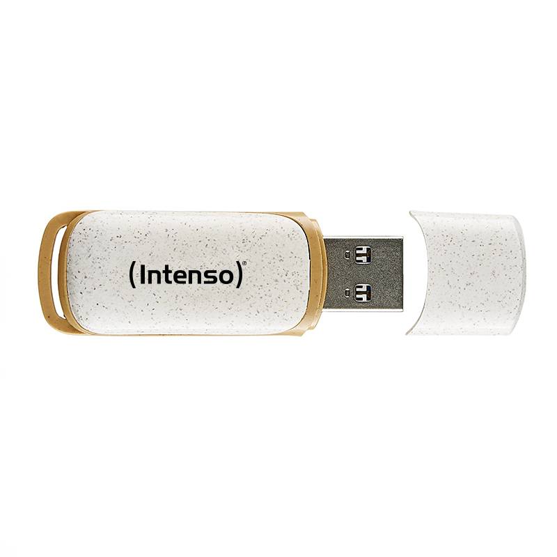 Una chiavetta USB Intenso è aperta, mostrando la porta USB. L'involucro è chiaro con un bordo marrone.