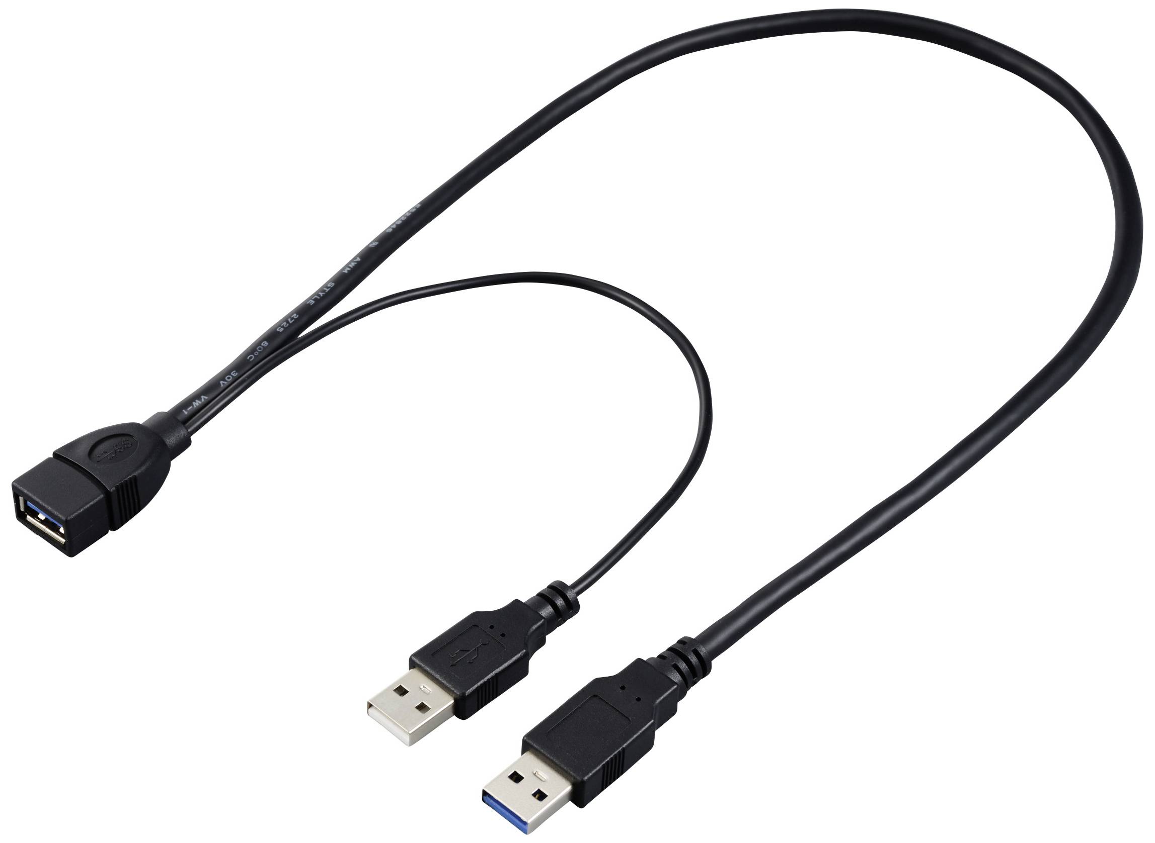 Un cavo USB con due connettori maschi e un connettore femmina, idoneo per l'espansione o il collegamento di dispositivi.