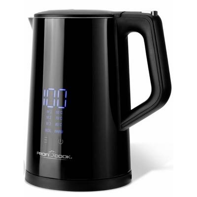 Bollitore elettrico nero con display digitale della temperatura, impugnatura a destra. Il display mostra '100' gradi Celsius.