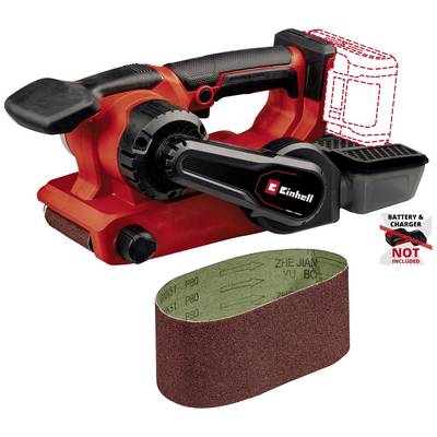 Levigatrice a nastro alimentata a batteria in rosso e nero, senza batteria o caricabatterie, con impugnatura fissa e nastro abrasivo separato.