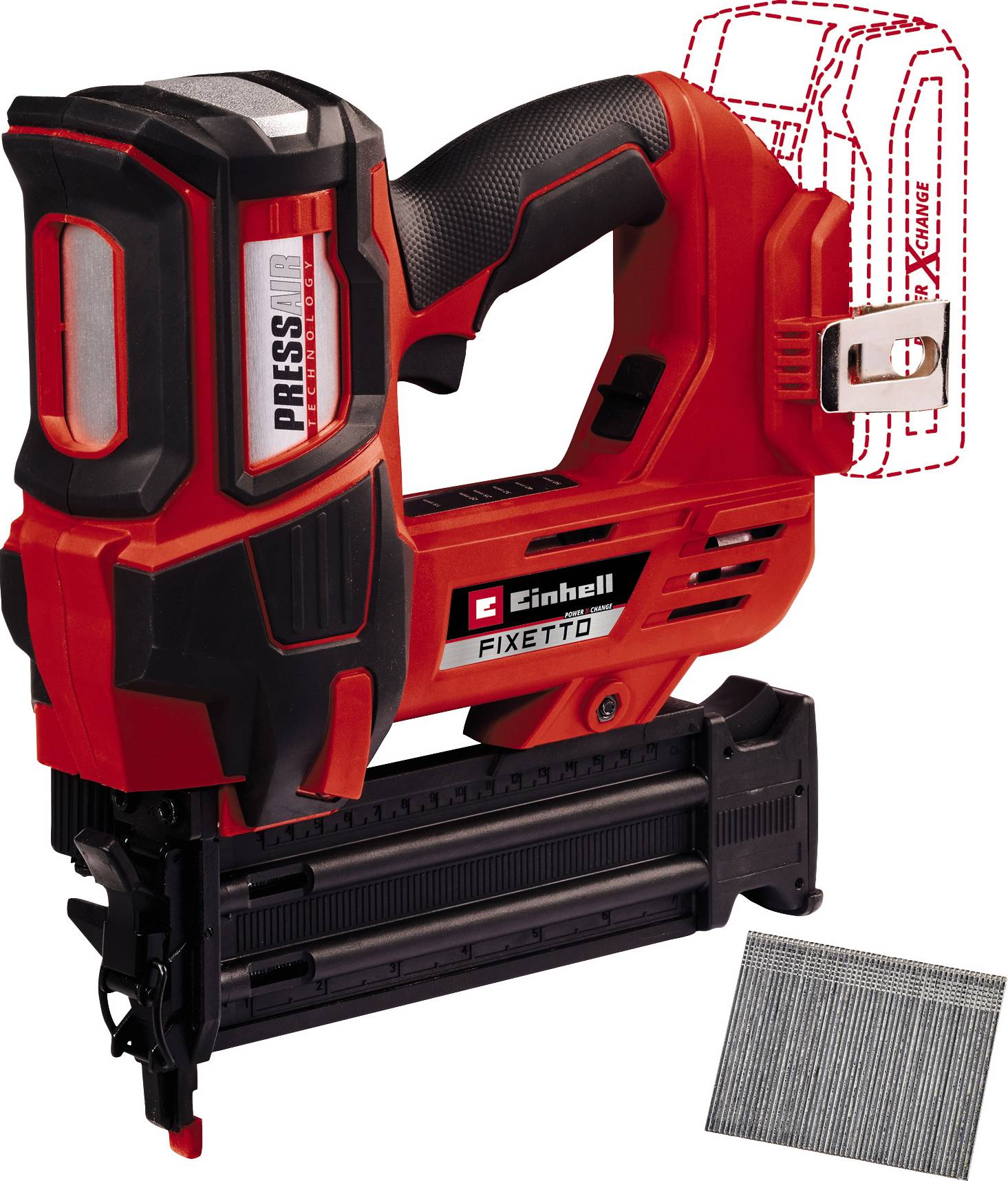 Un tassellatore rosso e cordless di Einhell. Incluso è un set di chiodi. Il tassellatore ha un manico ergonomico ed è progettato per l'efficienza.