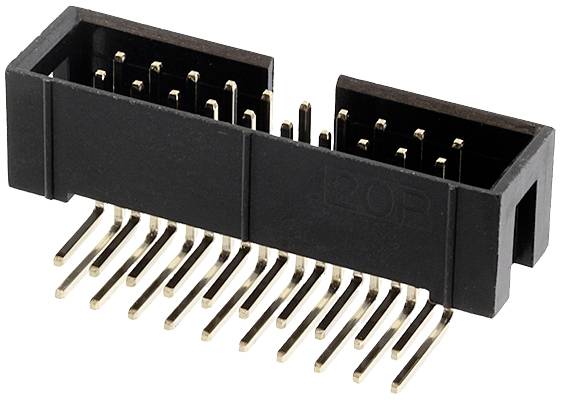 Spina elettronica nera con pin dorati, forma rettangolare, 20 pin distribuiti su due file parallele.