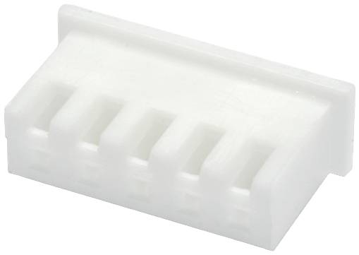 Un connettore bianco in plastica a sei poli con forma rettangolare, utilizzato per connessioni elettriche.