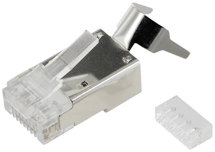 Connettore RJ45 schermato con morsetto per cavi per connessioni Ethernet, raffigurato su sfondo bianco.