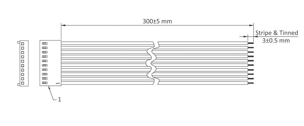 Diagramma di cavo piatto a otto fili, lungo 300±5 mm, con un connettore, con strisce e estremità stagnata, contrassegnato a 3±0,5 mm.