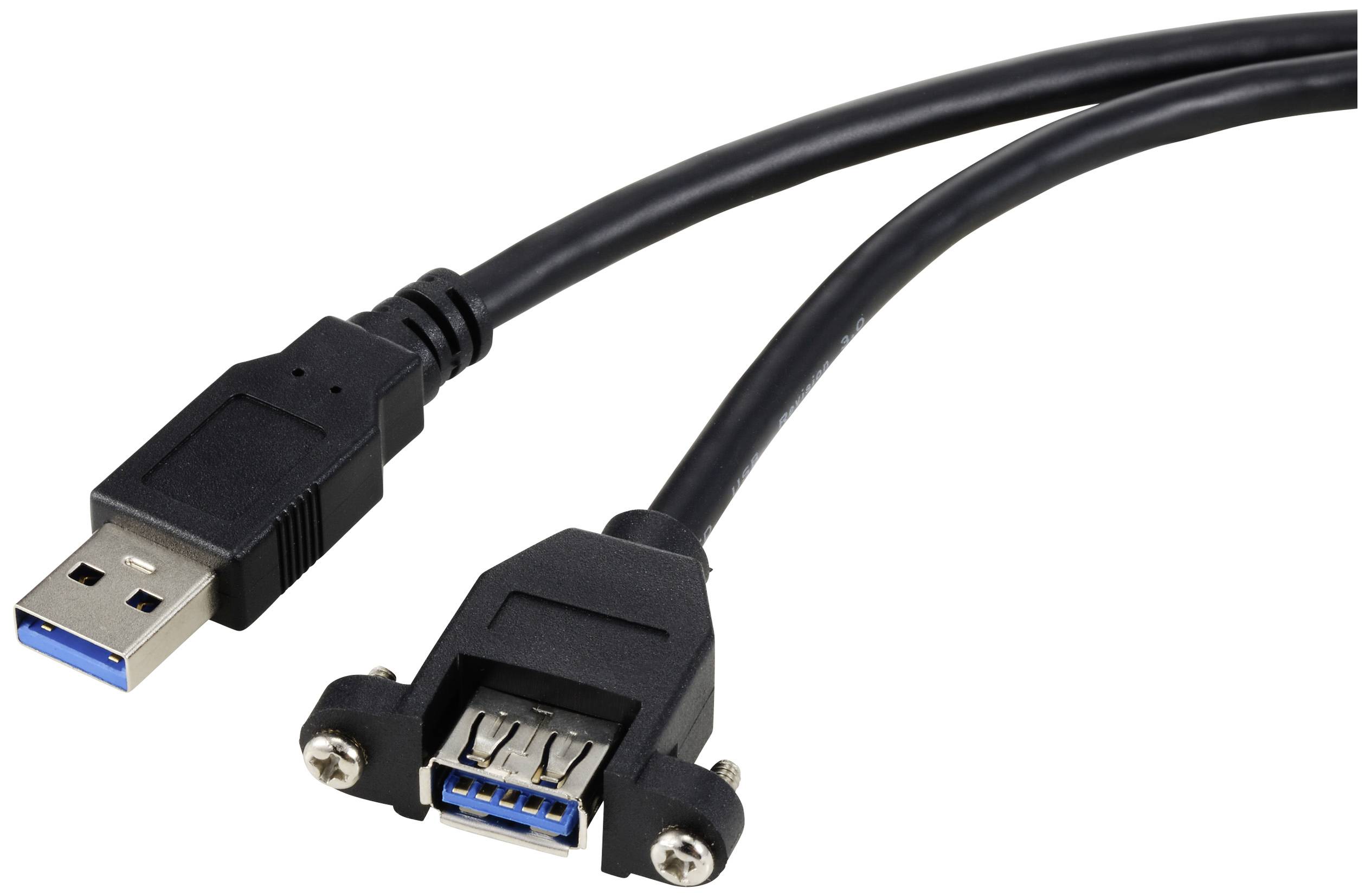 Un cavo di prolunga USB 3.0 nero con spina USB e presa USB, adatto per il trasferimento dati e il collegamento di dispositivi.