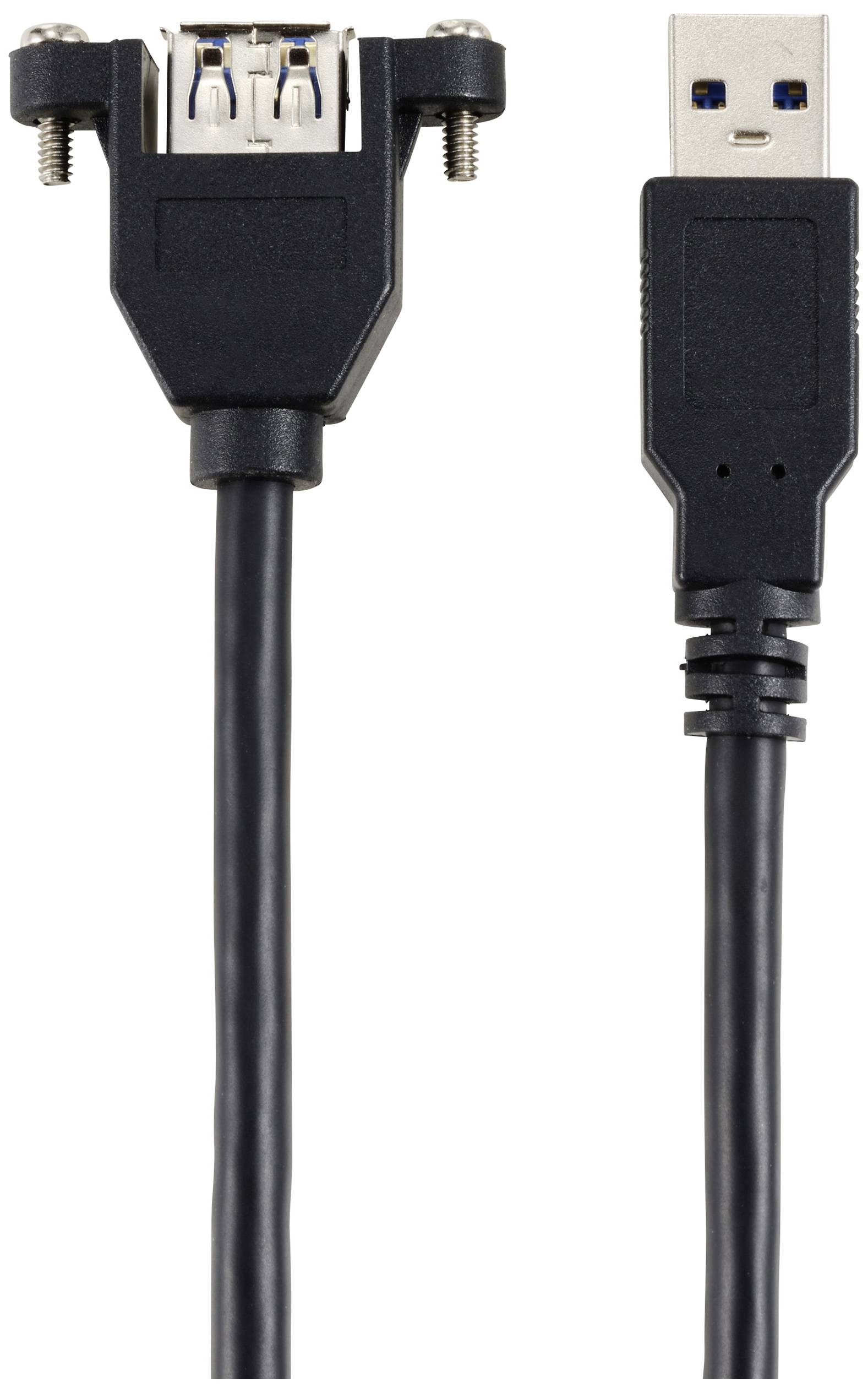 'Cavo di prolunga USB nero con un connettore USB-A femmina a sinistra e un connettore USB maschio a destra.'