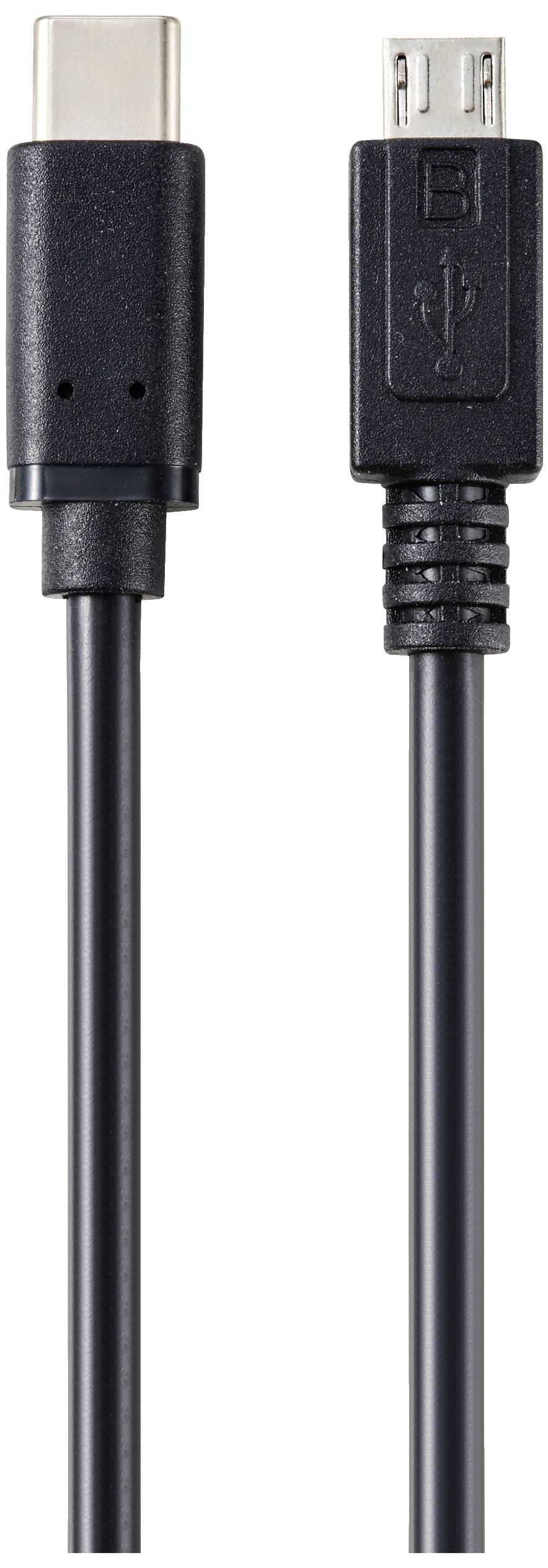 Due cavi: a sinistra un connettore USB-C, a destra un connettore Micro-USB. Entrambi di colore nero, raffigurati affiancati per confronto o connettività.
