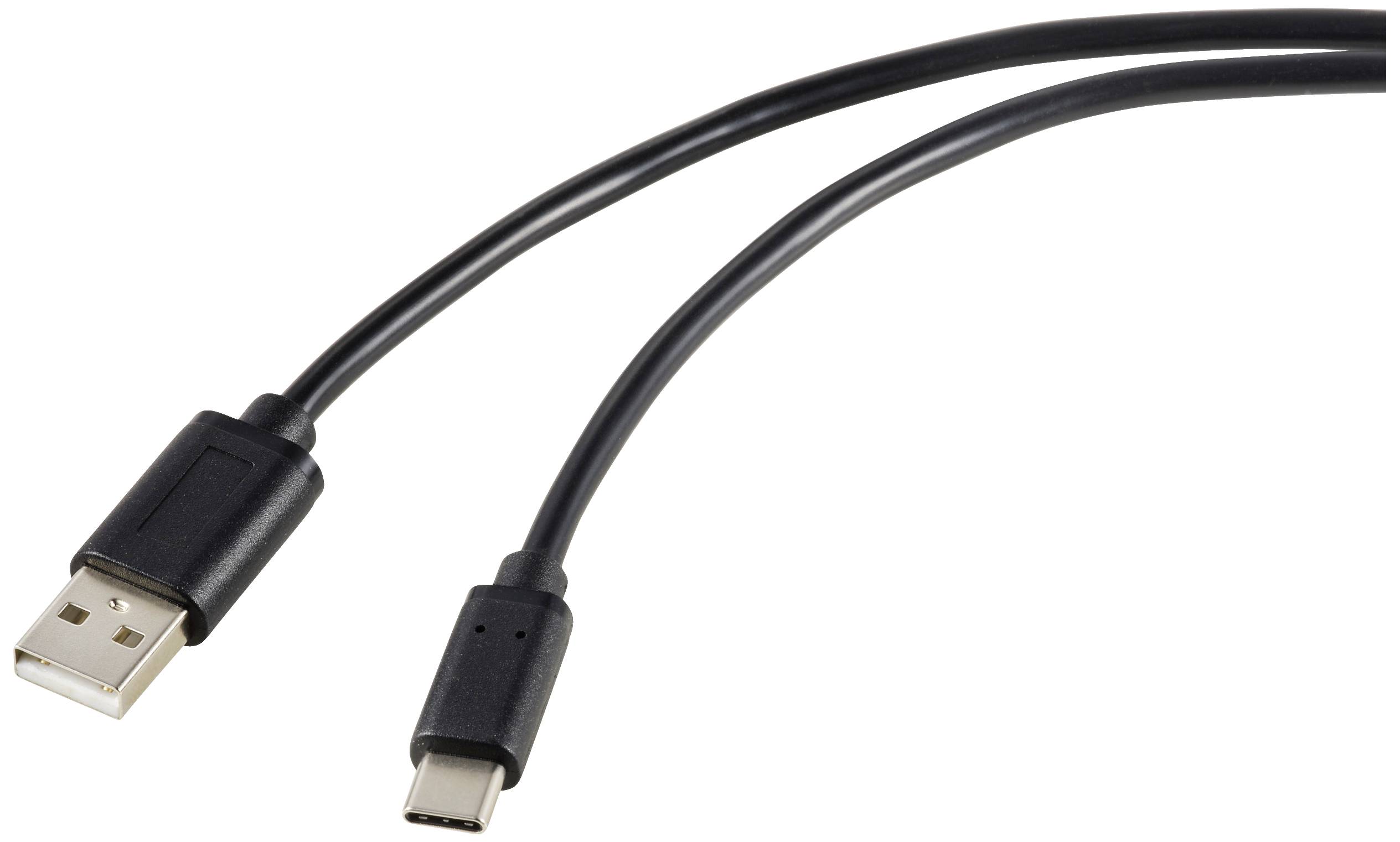 Un cavo USB con un connettore USB-A sul lato sinistro e un connettore USB-C sul lato destro, su sfondo bianco.