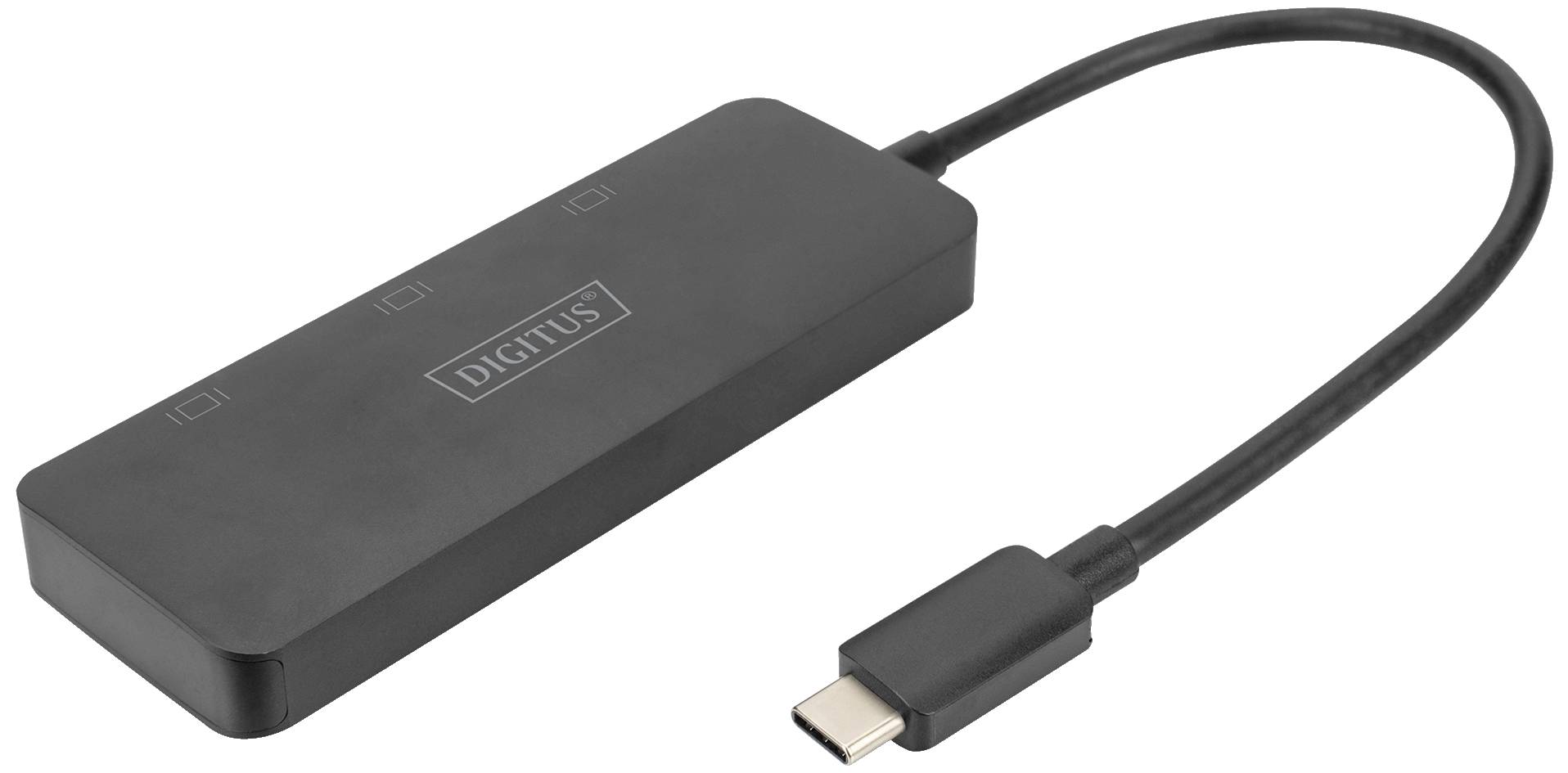 Hub USB-C nero esterno di Digitus con più porte, per collegare diversi dispositivi a un computer o laptop.