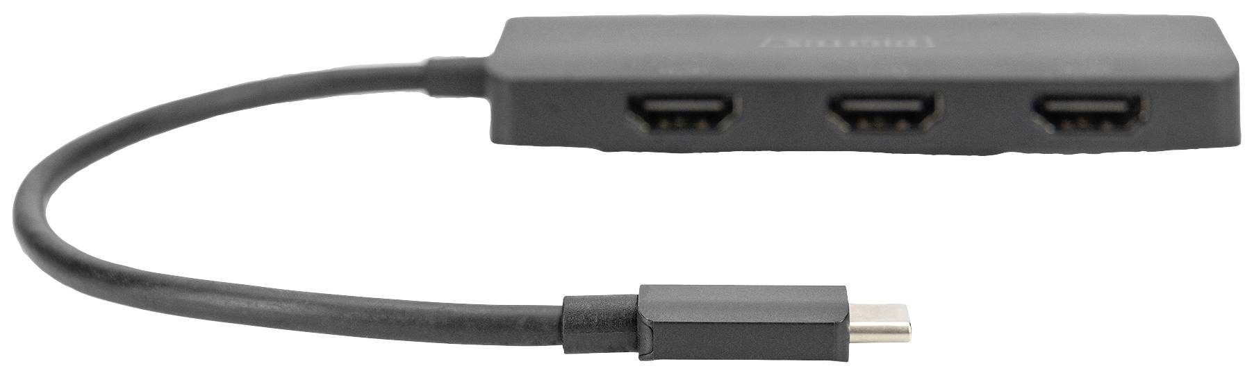 Un hub USB-C con tre porte USB, che collega un dispositivo a più dispositivi USB per una connettività ampliata.