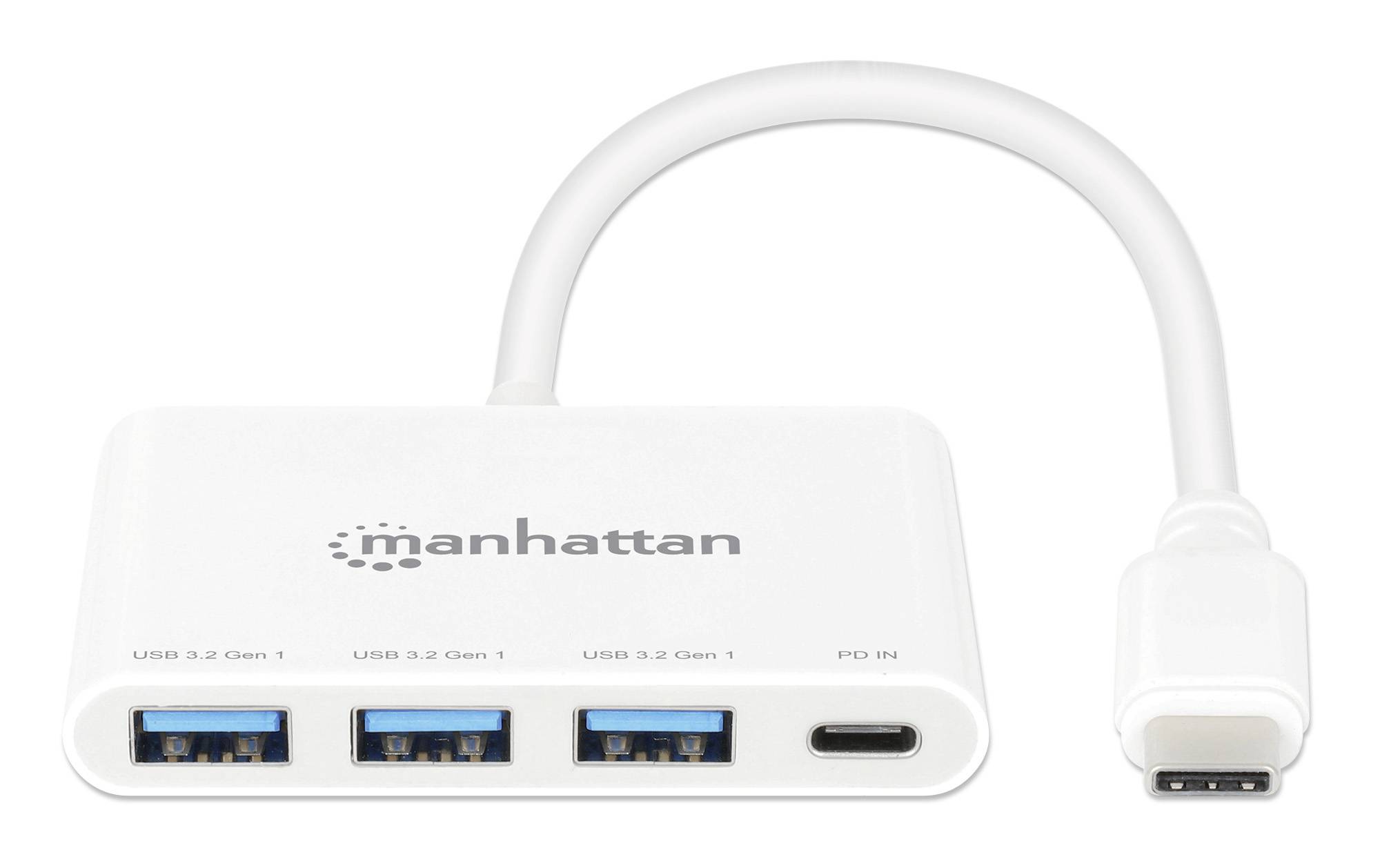 Hub USB bianco con tre porte USB 3.2 e una porta USB-C, marca 'manhattan'.