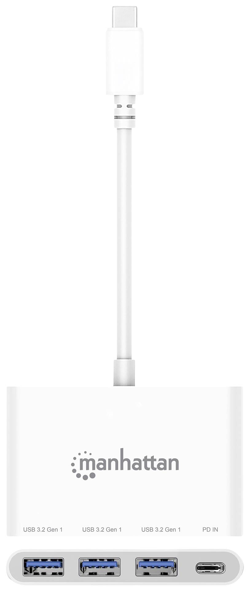 Hub USB-C di Manhattan con tre porte USB-A 3.2 e una porta USB-C. Design bianco. Ideale per una connettività aggiuntiva.