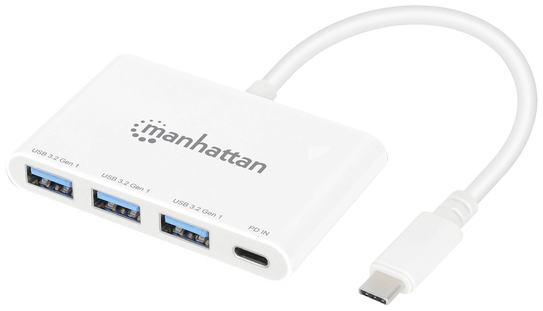 Hub USB con quattro porte: tre porte USB 3.2 Tipo-A e una porta USB-C Power Delivery. Design bianco con logo 'manhattan'.