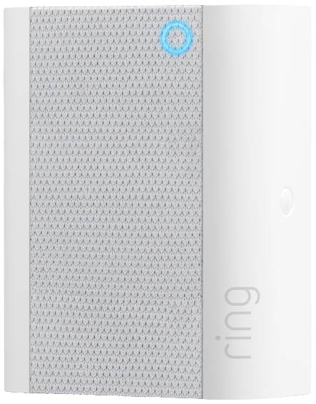 Un dispositivo di sicurezza ad anello bianco con indicatore LED blu in alto. Ha un design moderno con un motivo a griglia sulla parte anteriore.