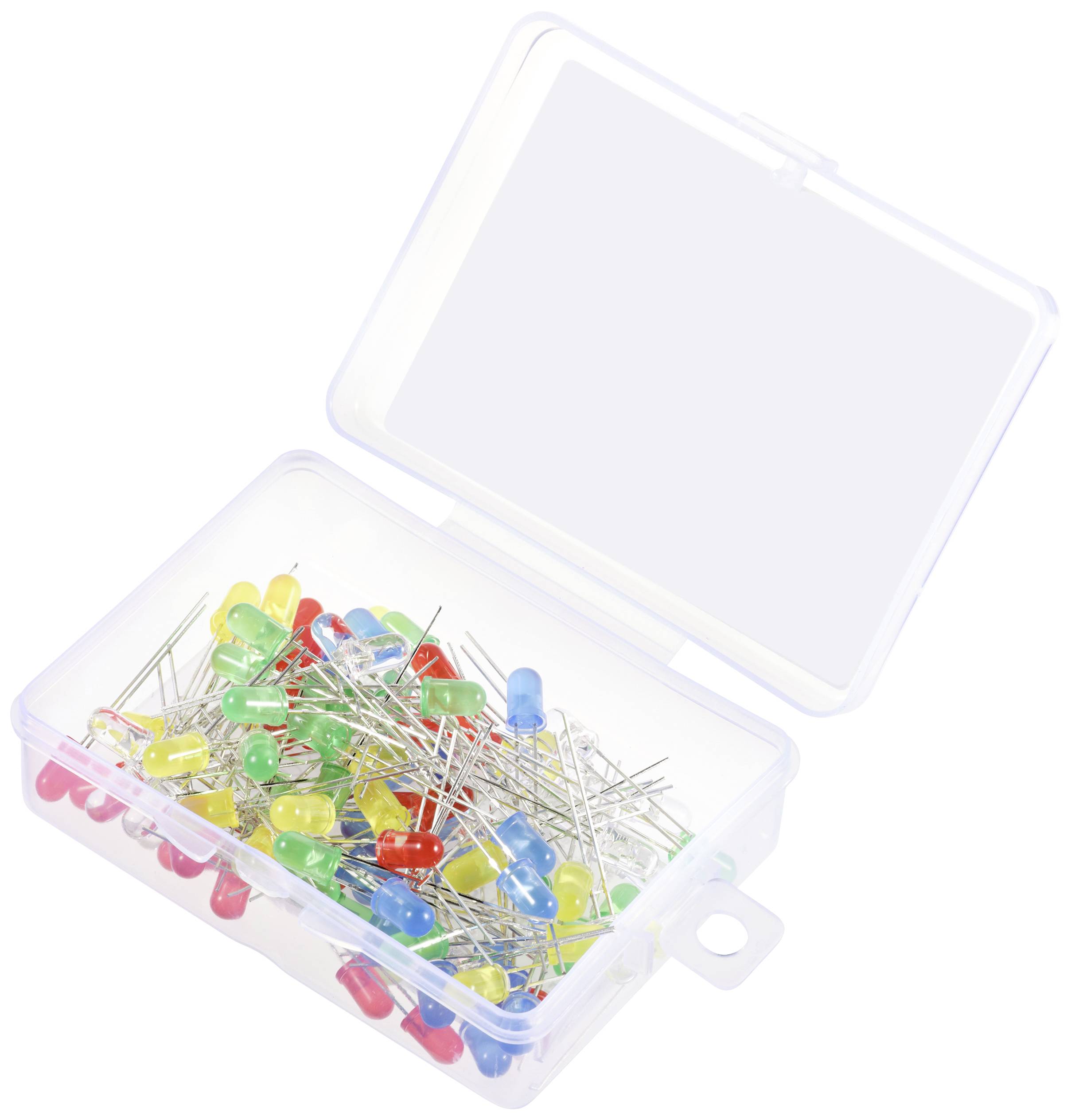 Una scatola di plastica aperta riempita con LED colorati in rosso, blu, giallo e verde.
