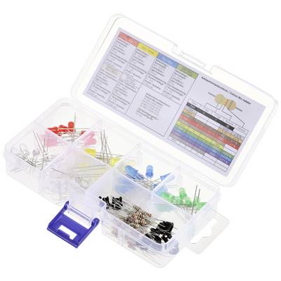 Scatola trasparente in plastica con scomparti contenente LED colorati e resistenze. Sul coperchio è raffigurata una tabella dei colori con i valori delle resistenze.