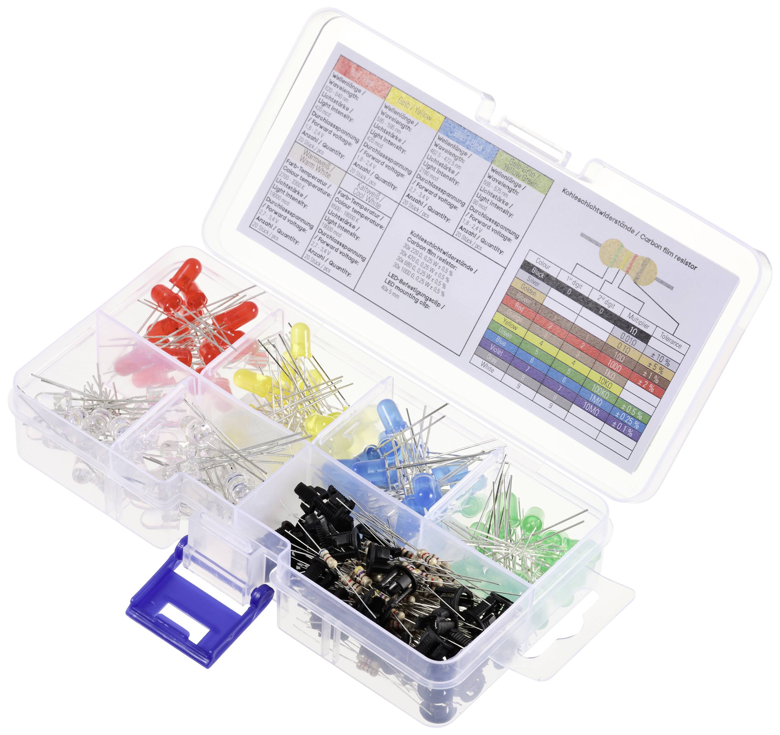 Set di componenti elettronici in scatola di plastica aperta, contiene LED, resistenze, pulsanti. Il diagramma allegato mostra la codifica a colori delle resistenze.