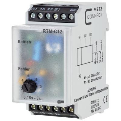 Un relè temporizzato di METZ CONNECT, modello RTM-C12, con indicatore di funzionamento e guasto. Include morsetti e regolatori per la regolazione del ritardo temporale.