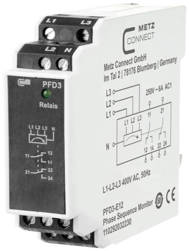 Dispositivo monofase di controllo tensione e fase di Metz Connect, modello PFD3, per il monitoraggio della sequenza e dell'assenza di fase, 400V AC, 50Hz.