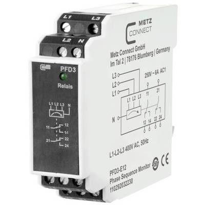 Dispositivo monofase di controllo tensione e fase di Metz Connect, modello PFD3, per il monitoraggio della sequenza e dell'assenza di fase, 400V AC, 50Hz.