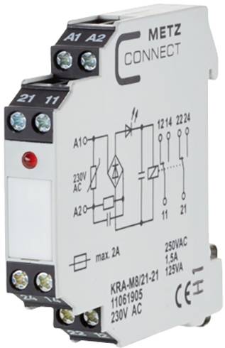 Dispositivo elettronico con morsetti di connessione, indicatore LED e diagramma per schemi elettrici. Corrente massima: 2A, tensione: 230V AC.