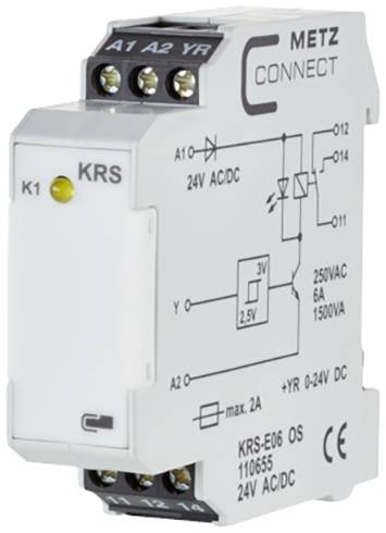 Modulo relè METZ CONNECT, KRS', mostra connessioni con specifiche tecniche: 110655, 24V AC/DC, max. 2A, 250VAC, 6A, 1500VA.