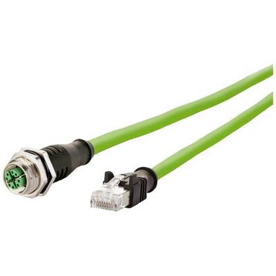 Un cavo Ethernet verde con un connettore RJ45 a destra e un connettore rotondo a sinistra, tipico per connessioni industriali.