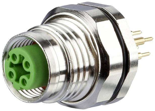 Connettore metallico con elemento in plastica verde e diversi pin dorati, adatto per connessioni elettriche.