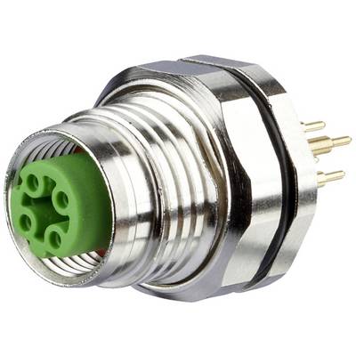 Connettore metallico con elemento in plastica verde e diversi pin dorati, adatto per connessioni elettriche.