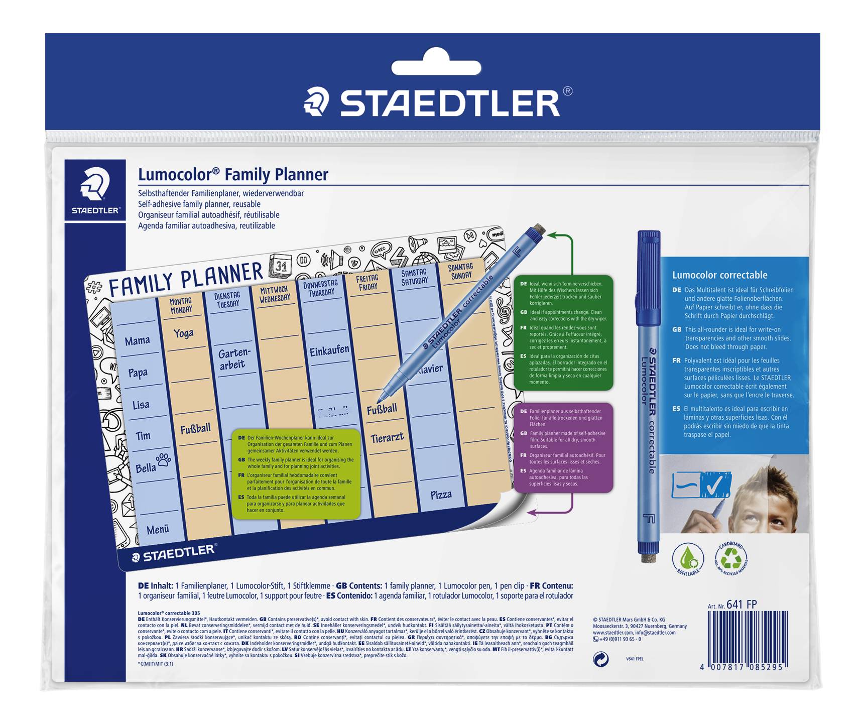 Planner familiare Staedtler con penna cancellabile. Mostra colonne per giorni della settimana e attività, ideale per l'organizzazione.