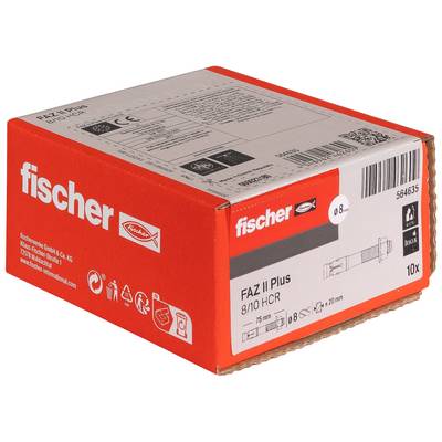 Scatola di tasselli Fischer Red Fischer FAZ II Plus, etichettata 8/10 HCR e 10x, mostrata su uno sfondo bianco.