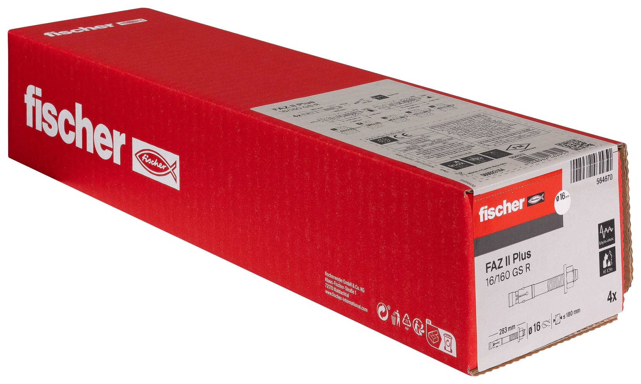 Scatola di tasselli di ancoraggio Red Fisher FAZ II Plus, etichettata per 16/160 GS R, mostrata su sfondo bianco.