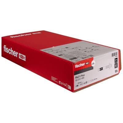 Scatola rossa Fischer di bulloni di ancoraggio Fischer FAZ II Plus, etichettata '10x' e '16', mostrata su uno sfondo bianco.