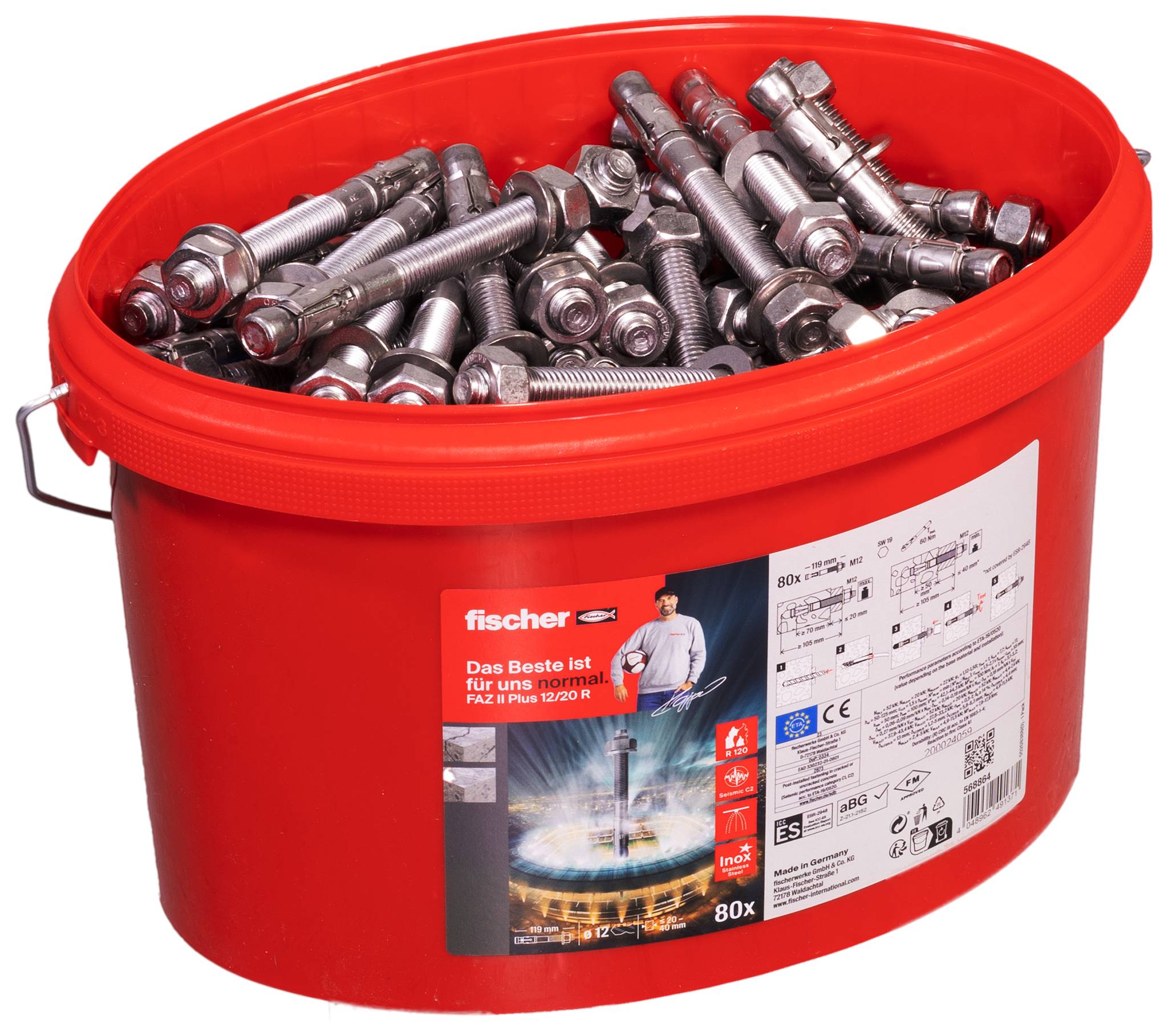 Un secchio rosso contenente 80 ancoraggi Fischer FAZ II Plus. Sul secchio è presente un'etichetta con dati del prodotto e immagini applicative.