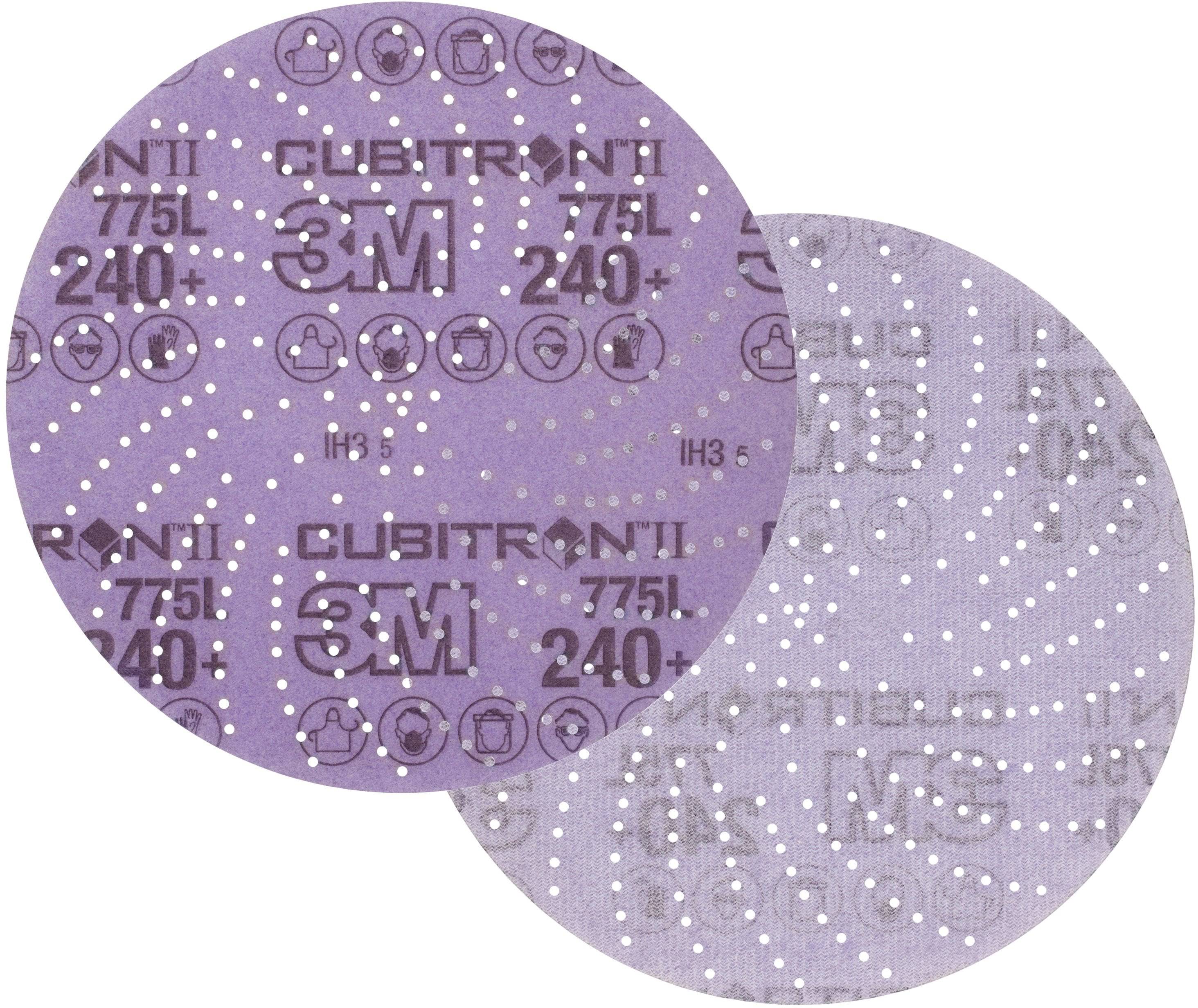 Due dischi abrasivi viola con la scritta 'Cubitron II 3M 775L 240+' in un motivo di piccoli fori. Logo del marchio visibile.