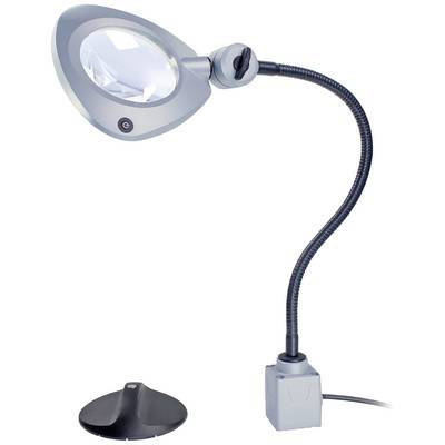 Lampada da scrivania flessibile con lente d'ingrandimento integrata e base, ideale per lavori precisi come lettura o artigianato.