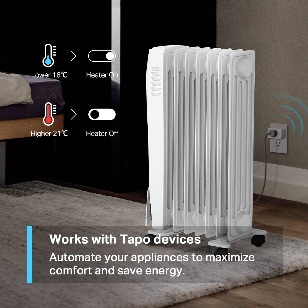 Un radiatore è visibile accanto a una spina. Testo: 'Funziona con dispositivi Tapo'. Impostazioni: 'Inferiore 16°C, Riscaldamento Acceso' e 'Superiore 21°C, Riscaldamento Spento'.