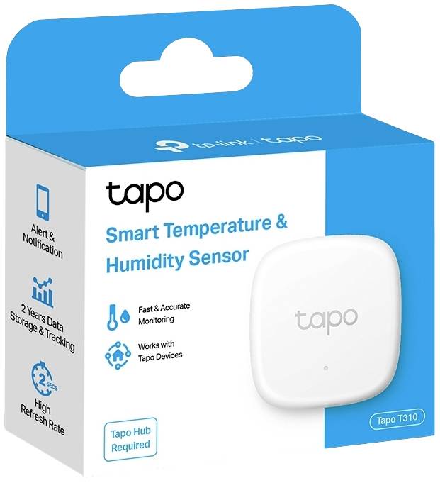 Confezione del Sensore di Temperatura e Umidità Tapo Smart. Funzioni: notifica, registrazione dati, compatibile con dispositivi Tapo.