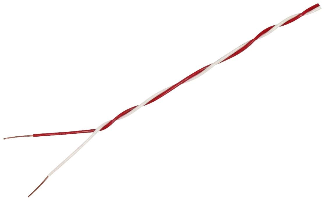 Due fili intrecciati, uno rosso e l'altro bianco. Entrambe le estremità sono spellate, il che suggerisce un utilizzo in circuiti elettrici.