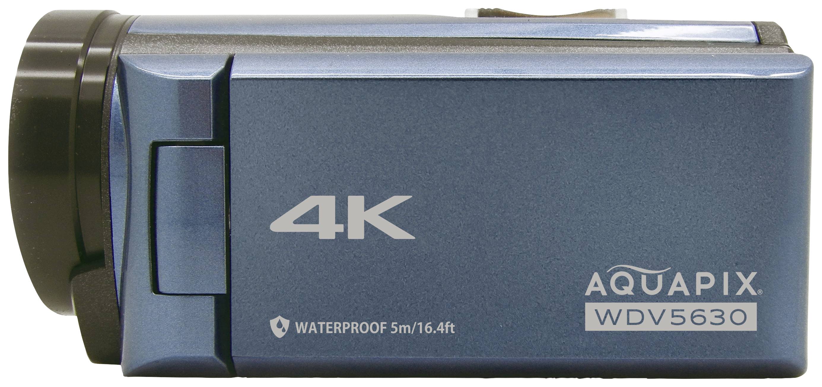 Fotocamera video 4K blu con scritta 'AQUAPIX WDV5630', impermeabile fino a 5 metri.
