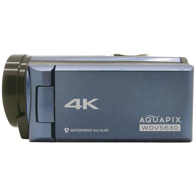 Fotocamera video 4K blu con scritta 'AQUAPIX WDV5630', impermeabile fino a 5 metri.