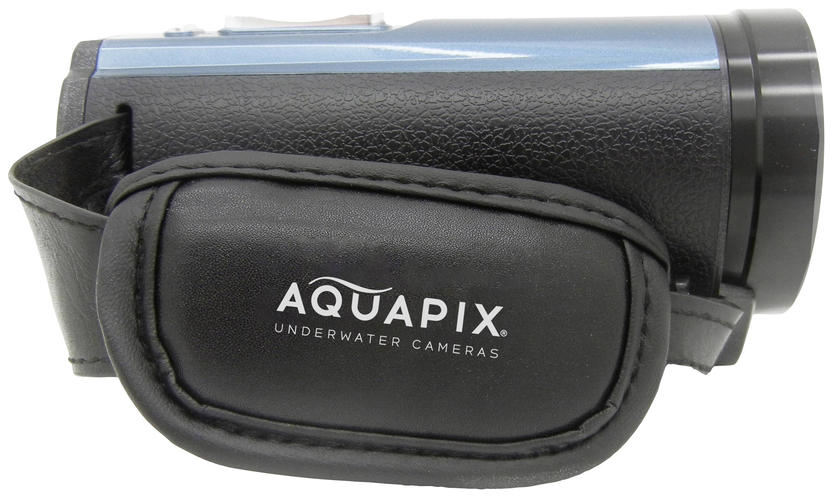 Una fotocamera subacquea nera e blu con il logo del marchio 'AQUAPIX' sul cinturino da polso.