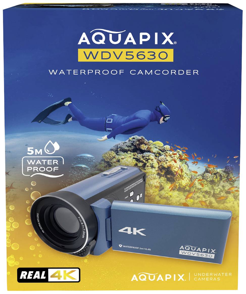 Confezione impermeabile per videocamera del marchio Aquapix, modello WDV5630, mostra un subacqueo e la fotocamera con funzione video 4K fino a 5 metri di profondità.