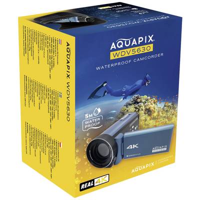 Confezione gialla della videocamera impermeabile 4K 'AQUAPIX WDV5630'. Raffigurato un sub sott'acqua.