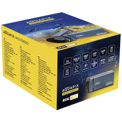 Una confezione gialla di una fotocamera AQUAPIX WDV5630, mostra risoluzione 4K, impermeabile fino a 5m, registrazione 1080p, fotocamera da 13MP, schermo da 3.0''.